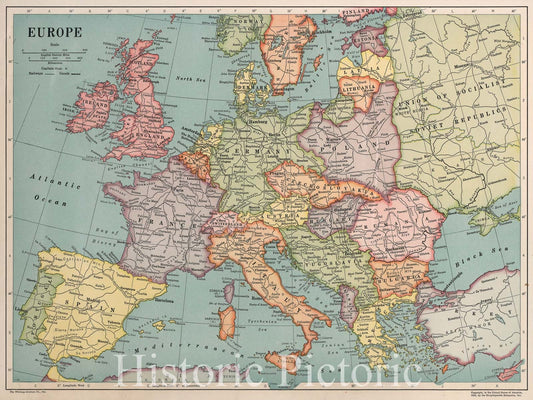 Historic Map : Europe. The Whitney-Graham Co. Inc. Copyright in The United States of America, 1926, by The Encyclopedia Britannica Inc. 5-26, 1926 Atlas - Vintage Wall Art