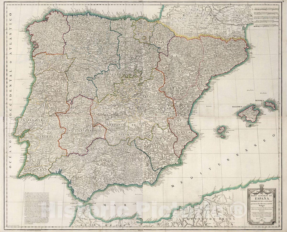 Historic Map : Iberian Peninsula Composite map: A-D. Mapa General de Espana, 1802 , Vintage Wall Art