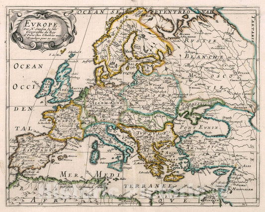 Historic Map : Evrope. Par N. Sanson le fils. Geographe du Roy. A Paris Chez l'Autheur avec Privilege Pour 20 ans, 1648 Atlas - Vintage Wall Art