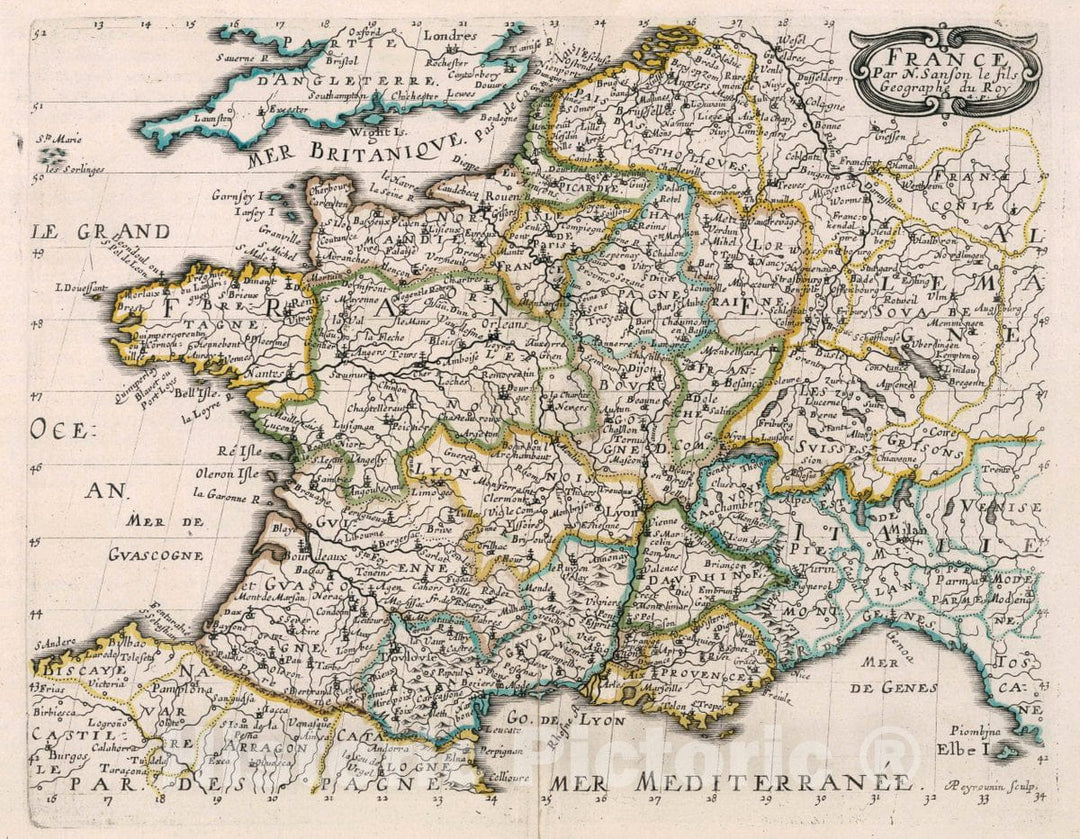 Historic Map : France. Par N. Sanson le fils Geographe du Roy. A. Peyrounin sculp, 1648 Atlas - Vintage Wall Art
