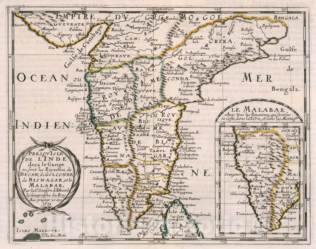 Historic Wall Map : India, Presqu'Isle De L' Inde Deca la Gange, 1652 Atlas , Vintage Wall Art