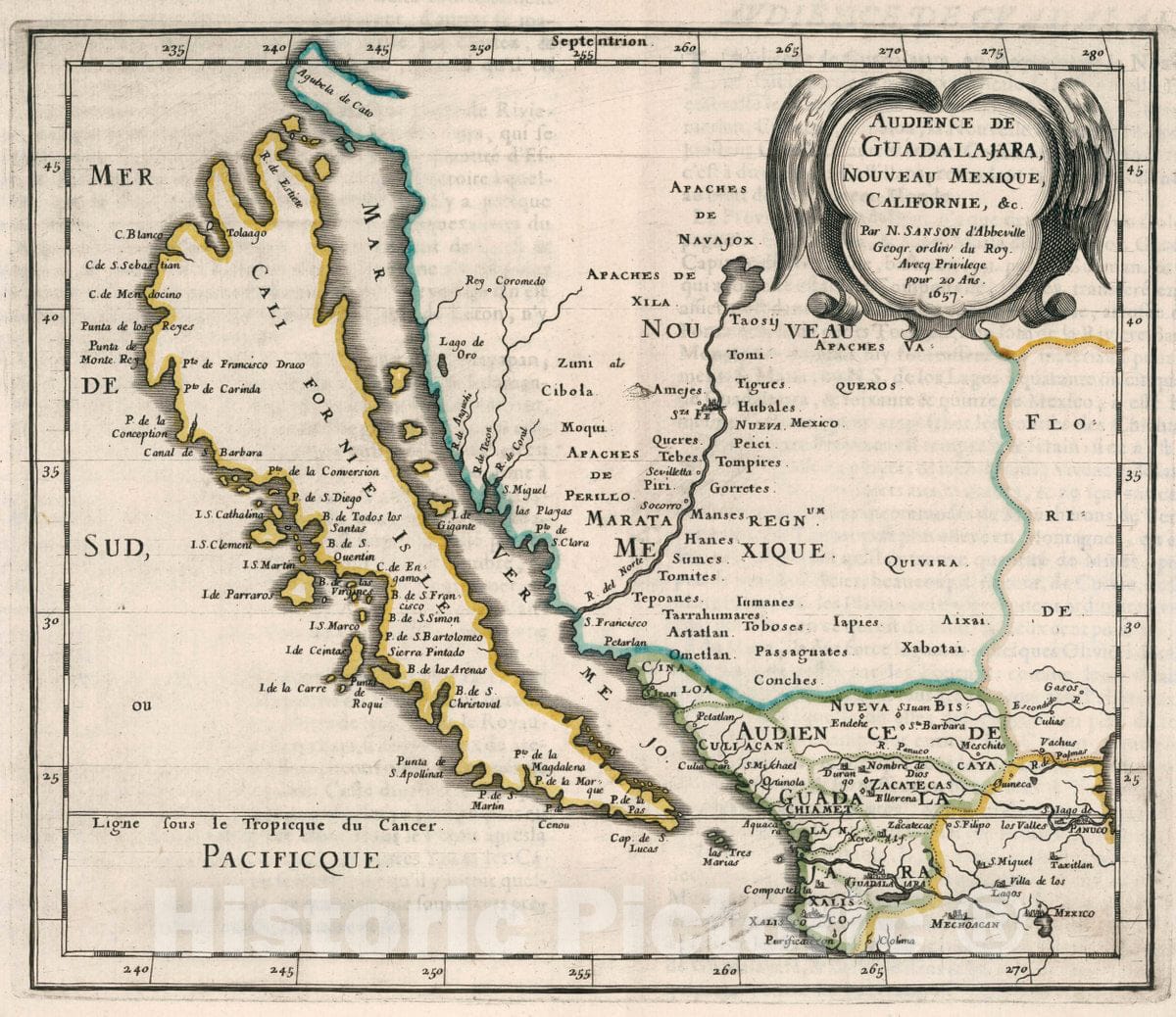 Guadalajara, New Mexico, and California - Canal Map, 1657 by Sanson