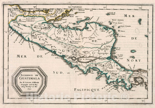 Historic Map : Guatemala, Audience de Guatimala. Par N. Sanson d' Abbeville, Geographe Ordre du Roy, 1657 Atlas , Vintage Wall Art