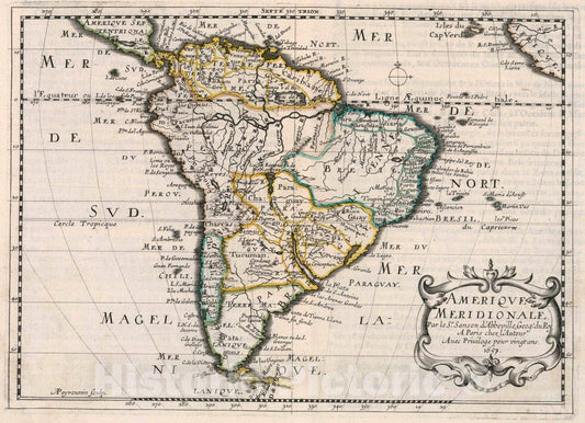 Historic Map : Amerique Meridionale. Par le Sr. Sanson d'Abbeville, Geog. du Roy, 1657 Atlas - Vintage Wall Art