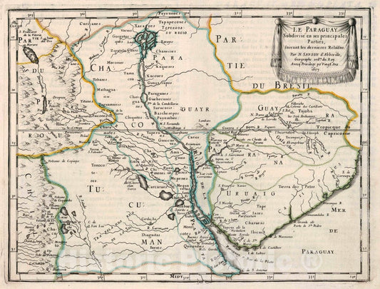 Historic Map : Paraguay, Le Paraguay Subdivise en ses principales Parties, 1657, Vintage Wall Art