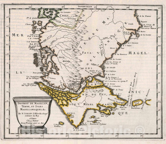 Historic Map : Destroit de Magellan, Terre et Isles Magellanicques, c. Par N. Sanson d'Abbeville Geogr. Ordinaire du Roy, 1657 Atlas - Vintage Wall Art