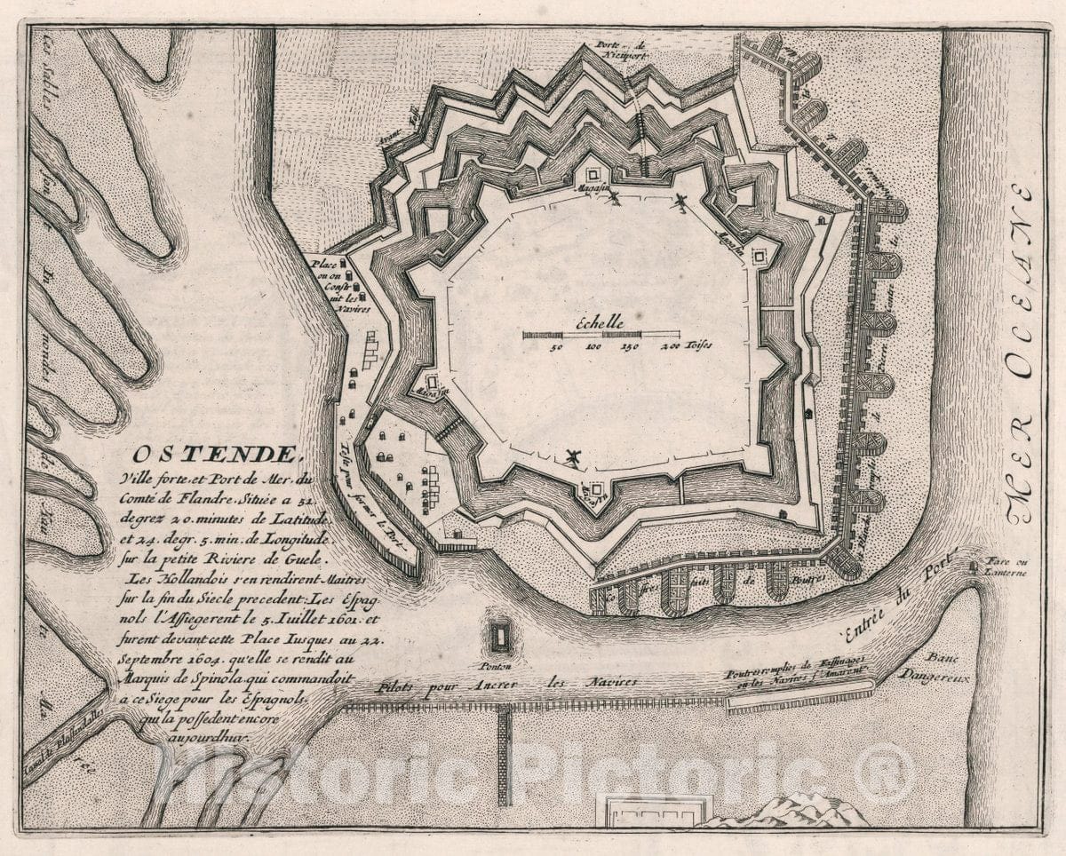 Historic Map : Belgium , Ostend Ostende, Ville Forte du comte de Flandre, 1695 Atlas , Vintage Wall Art