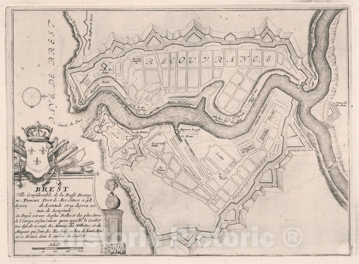 Historic Map : France , Brest France, Brest Ville considerable de la Basse Bretagne, 1695 Atlas , Vintage Wall Art