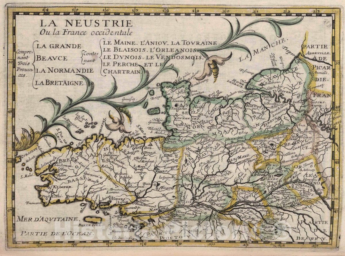 Historic Map : Normandy , France La Neustrie ou la France occidentale, 1648 , Vintage Wall Art