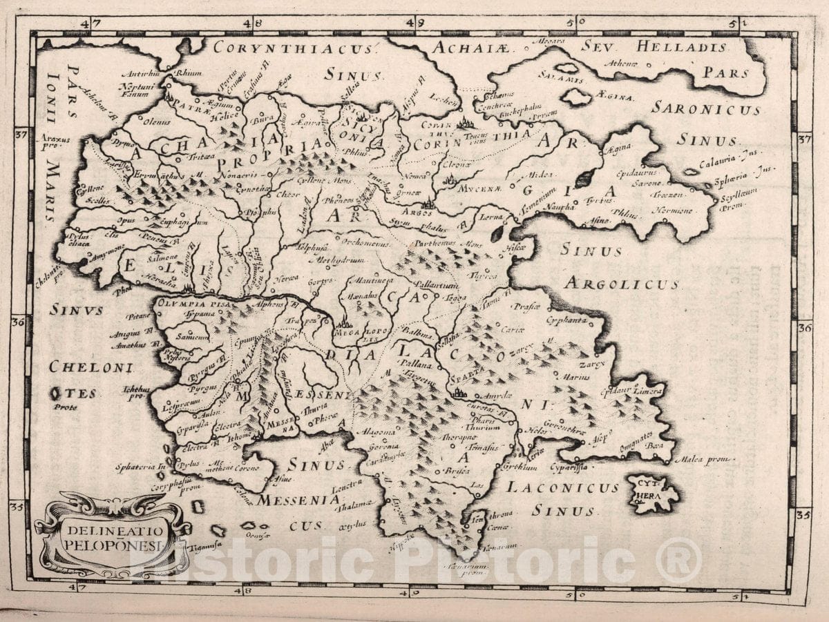 Peloponnisos, Greece 1649 Historical Map Print