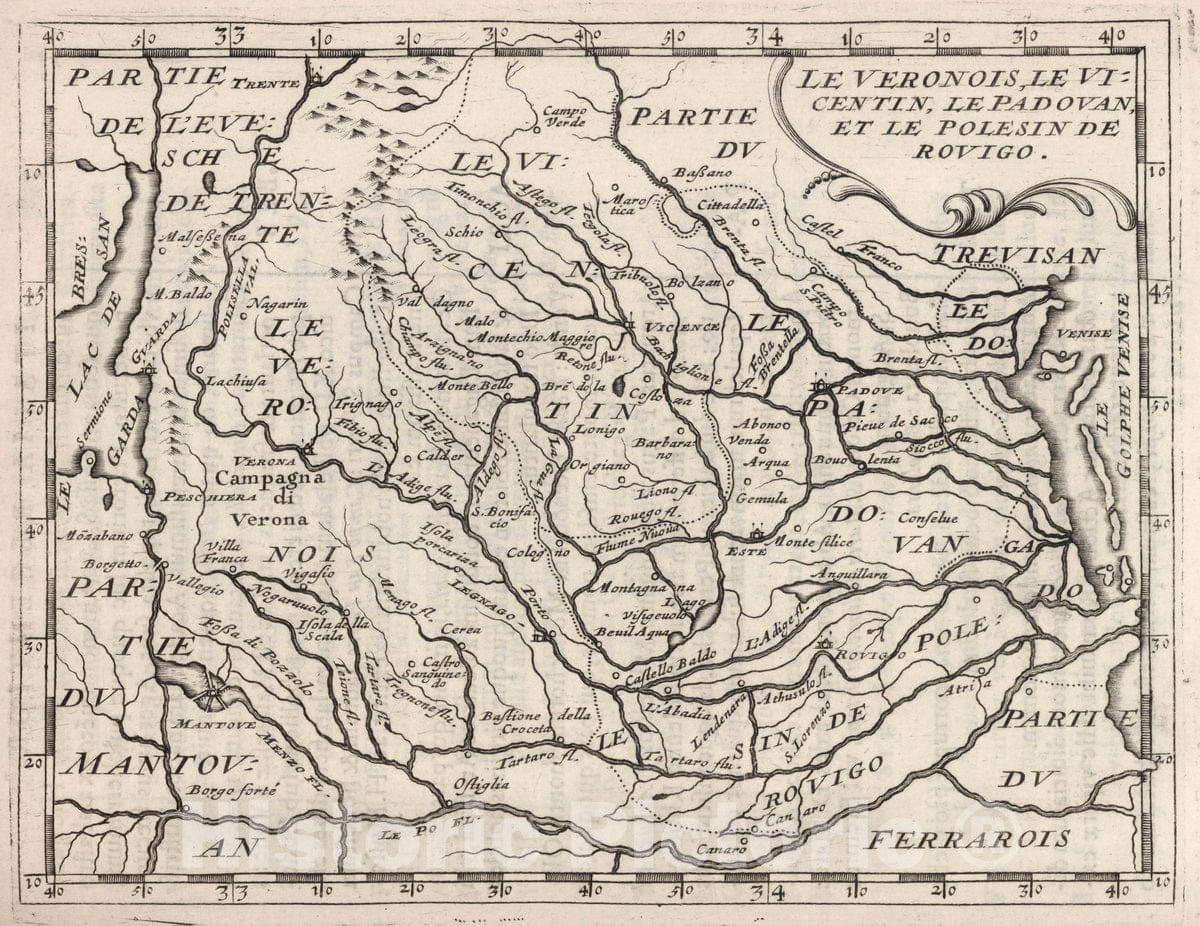 Historic Map : Mouth of Po River (Italy) Le Veronoise, Le Vicentin, Le Padovan, et Le Polesin de Rouigo, 1649 , Vintage Wall Art
