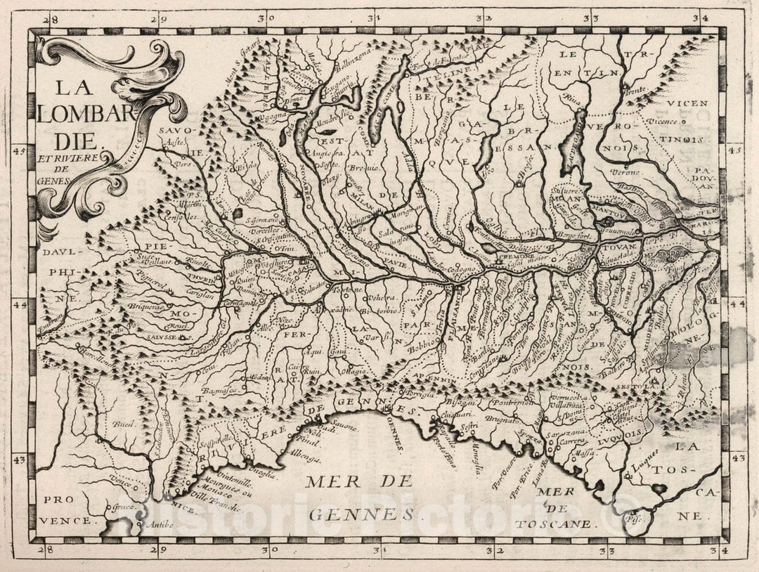 Historic Map : Po River La Lombardie et Riviere de Genes, 1649 , Vintage Wall Art