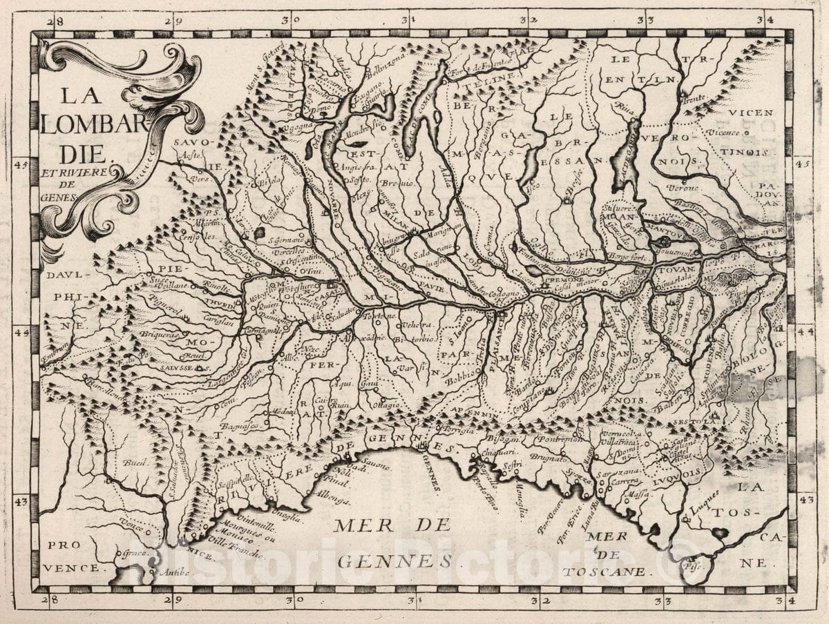 Historic Map : Po River La Lombardie et Riviere de Genes, 1649 , Vintage Wall Art