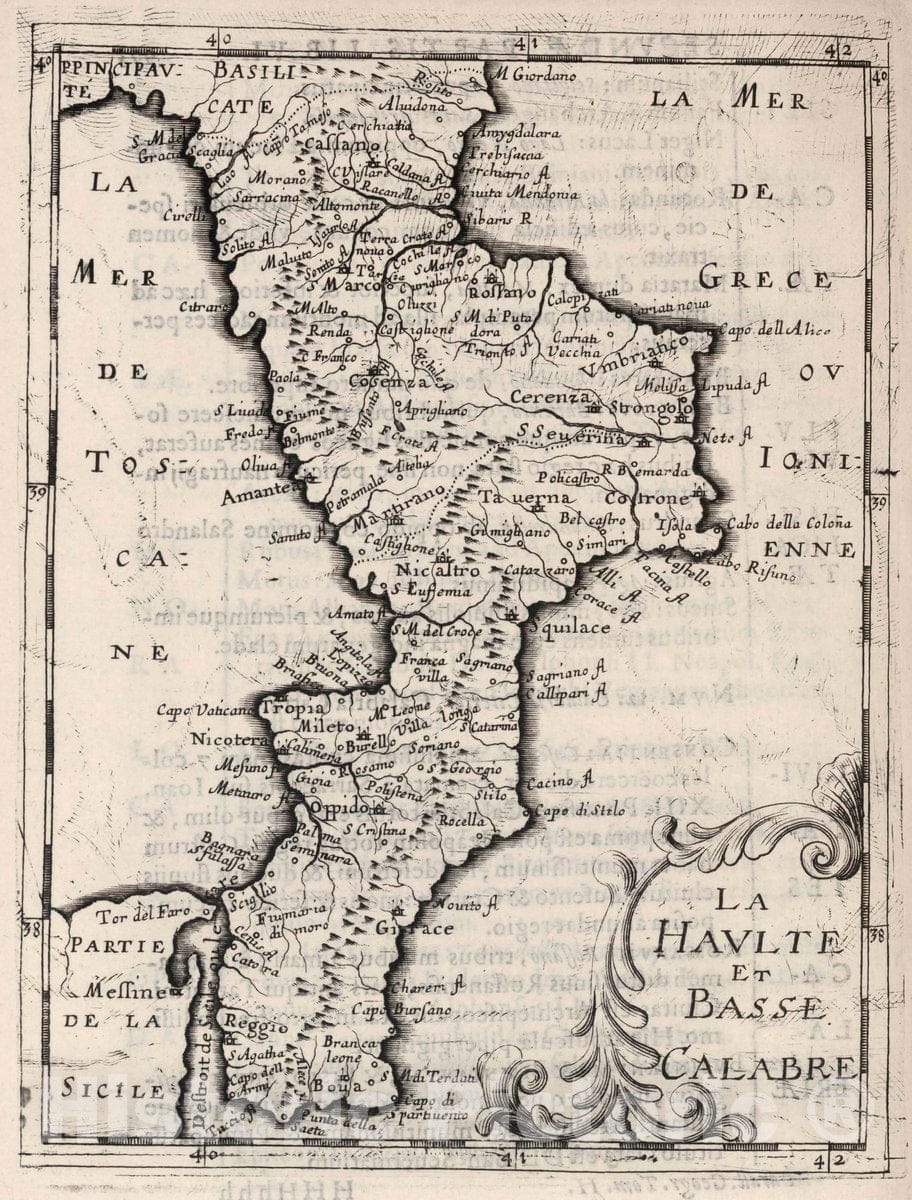 Historic Map : Calabria (Italy) La Haulte et Basse Calabre, 1649 , Vintage Wall Art
