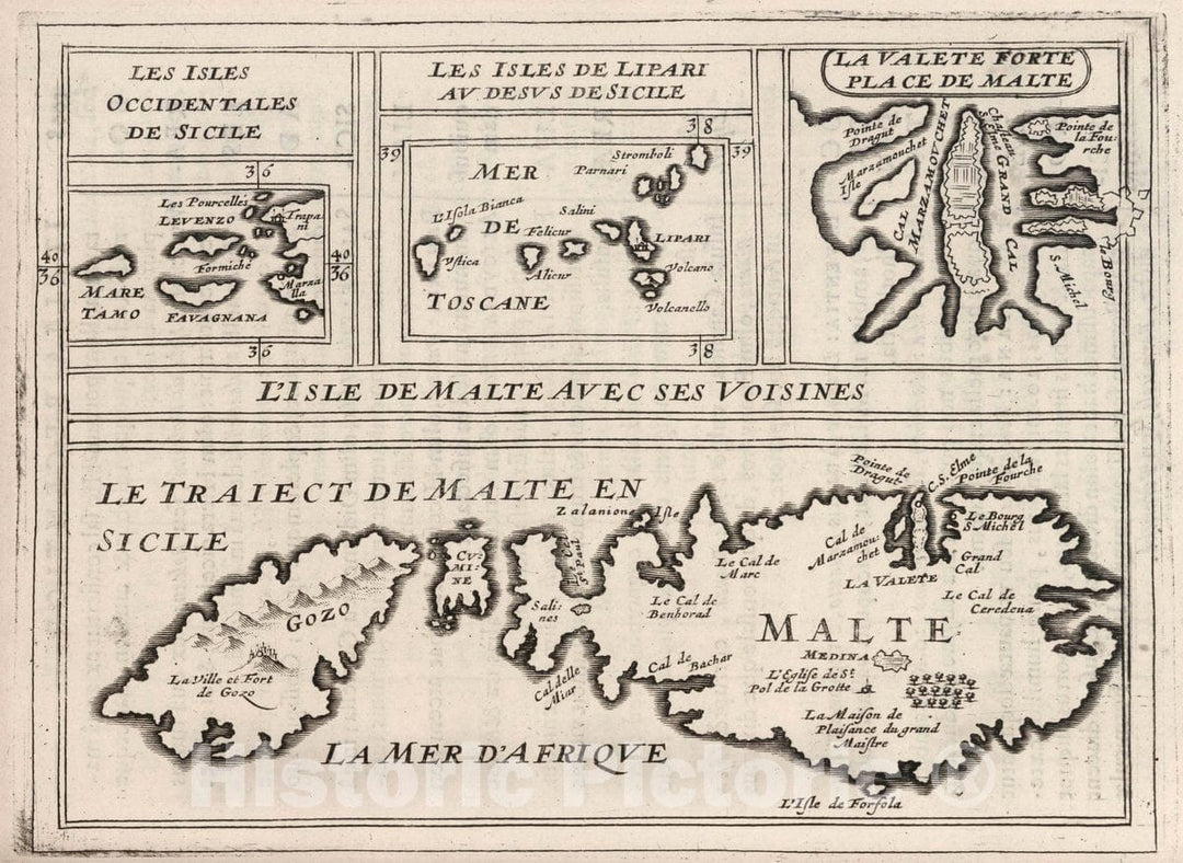Historic Map : Malta, Le Traiect de Malte en Sicile, 1649 , Vintage Wall Art