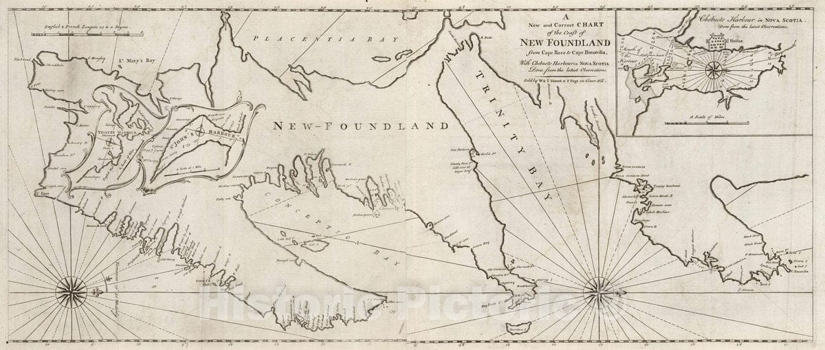 Historic Wall Map : New and Correct Chart of The Coast of New Foundland from Cape Raze to Cape Bonavista, 1794 Chart - Vintage Wall Art