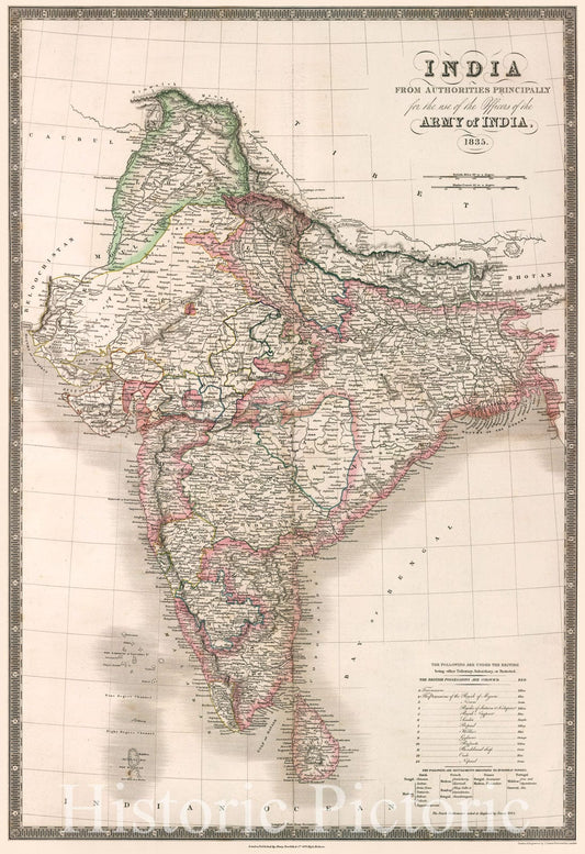 India - Road Map, 1835 - Hand-Colored Historical Map Print