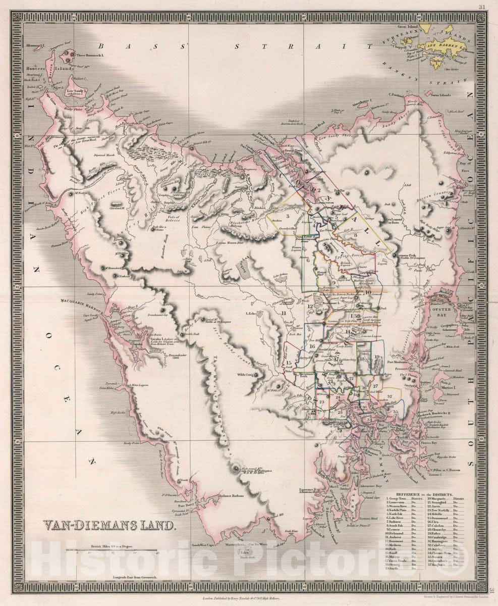 Historic Map : Tasmania Van-Diemans Land. Drawn, 1836, Vintage Wall Art