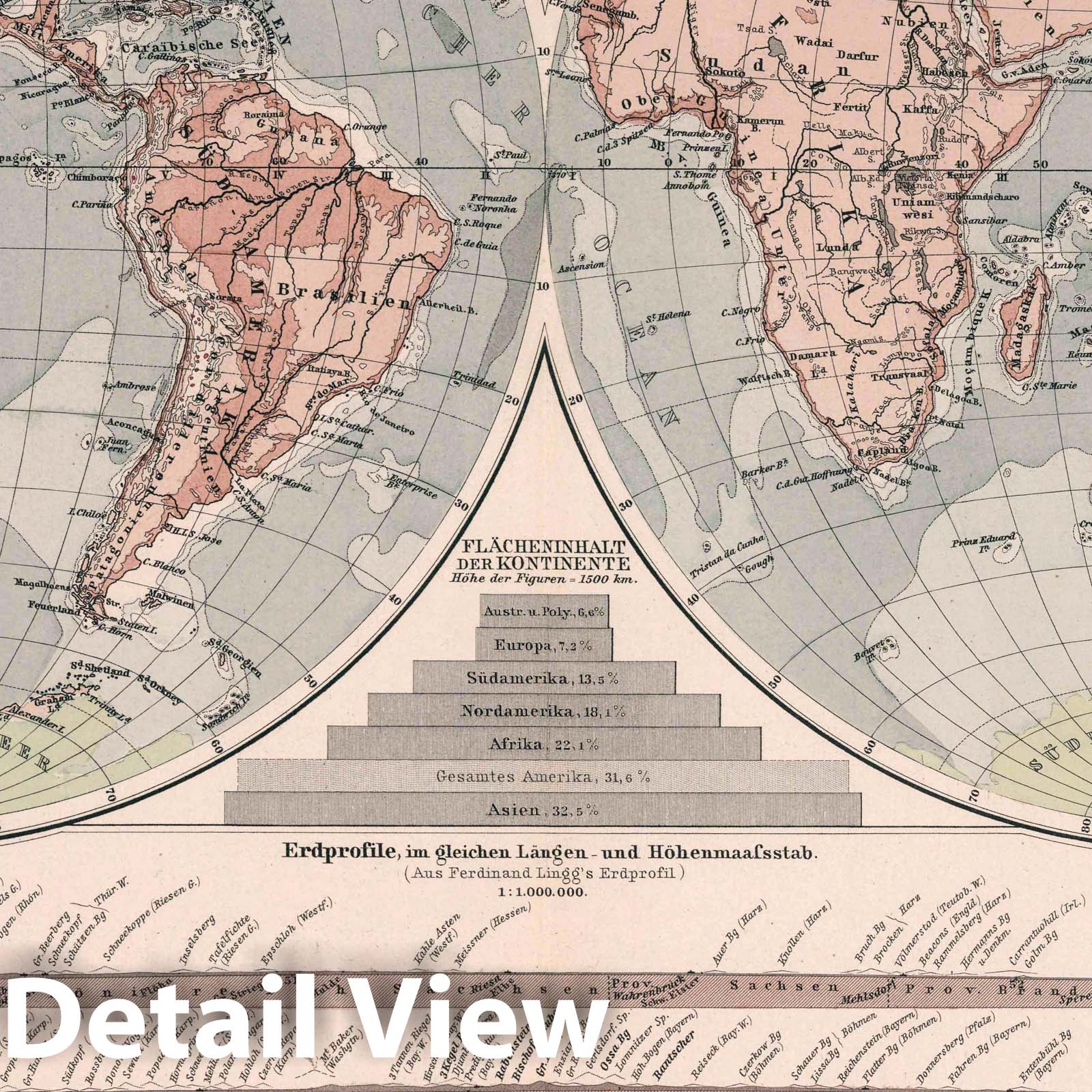 World - Mountain and Ocean Depth Map, 1892 - Berghaus Physikalischer Atlas