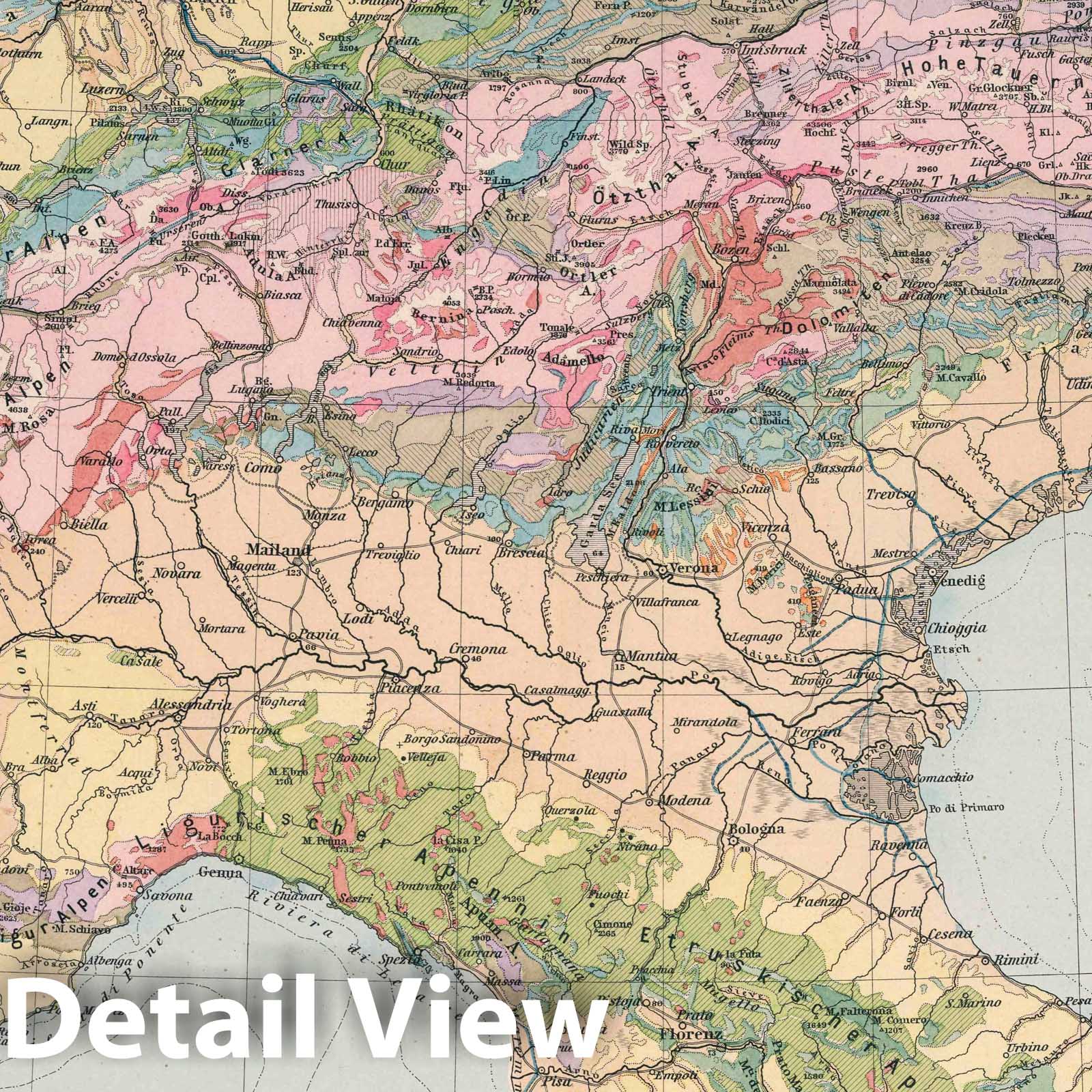 Alps Geological Map, 1892 - Berghaus Atlas Historical Reproduction