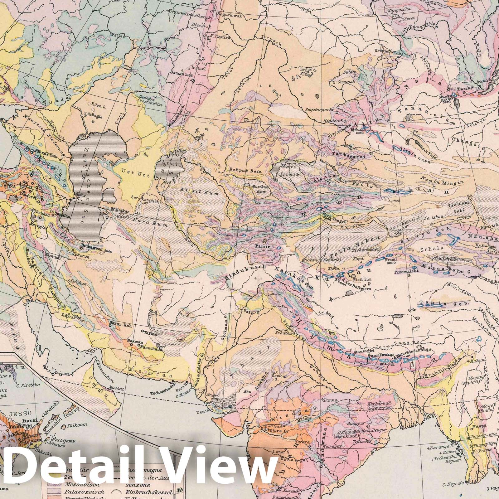 Asia and Europe Geological Map 1889 - Berghaus Atlas Plate Historical Reproduction