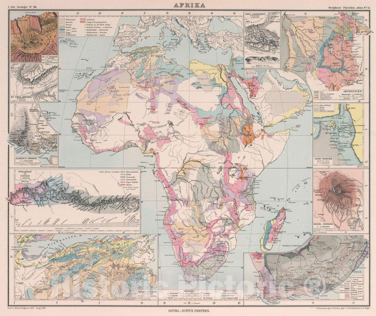 Historic Wall Map : Afrika. Entw. v. Herm. 1887, Ausg. 1888. 7 Nebenkarten gez. v. M. Risch, gest. v. A. Reichenbecher & F. Kogel. Gotha: Justus Perthes, 1888 - Vintage Wall Art