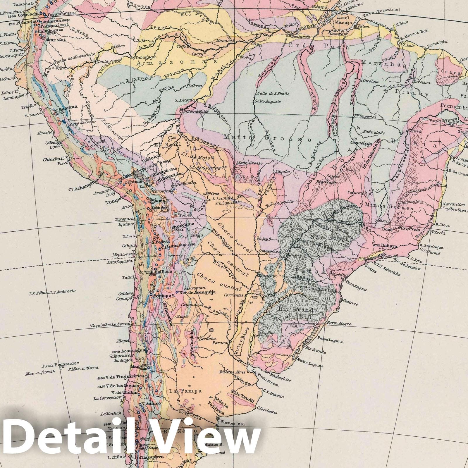 South America and North America - Geological Map, 1891 - Berghaus Atlas Reproduction