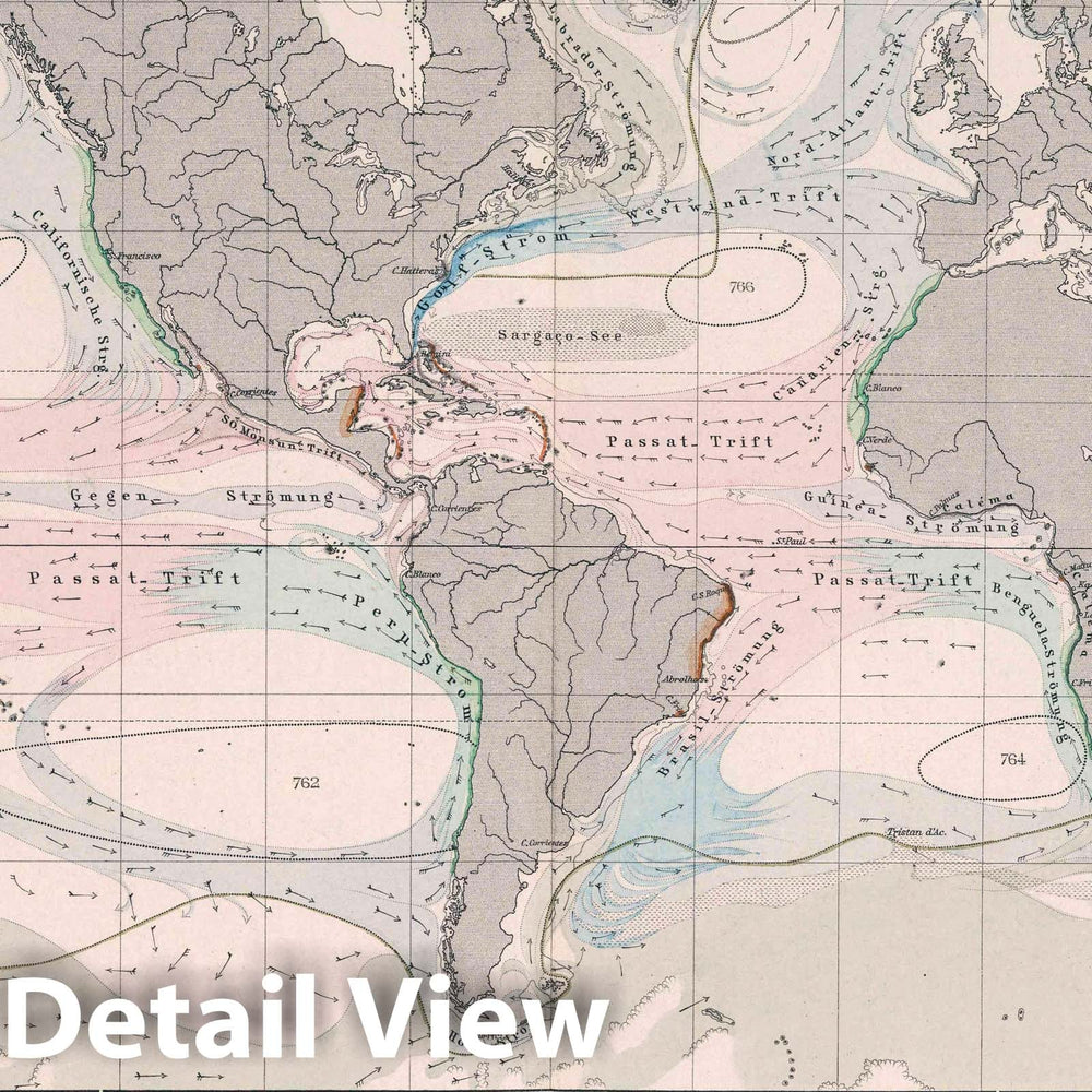 Historic Map : Seestromungen, Warme und treibfrachte der See, 1889 Atlas - Vintage Wall Art