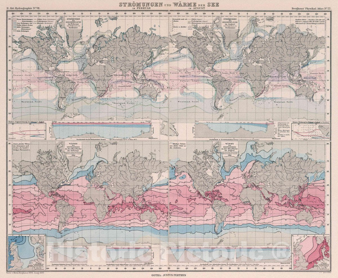 Historic Map : Stromungen, Warme der See. Im Februar und im August, 1889 Atlas - Vintage Wall Art