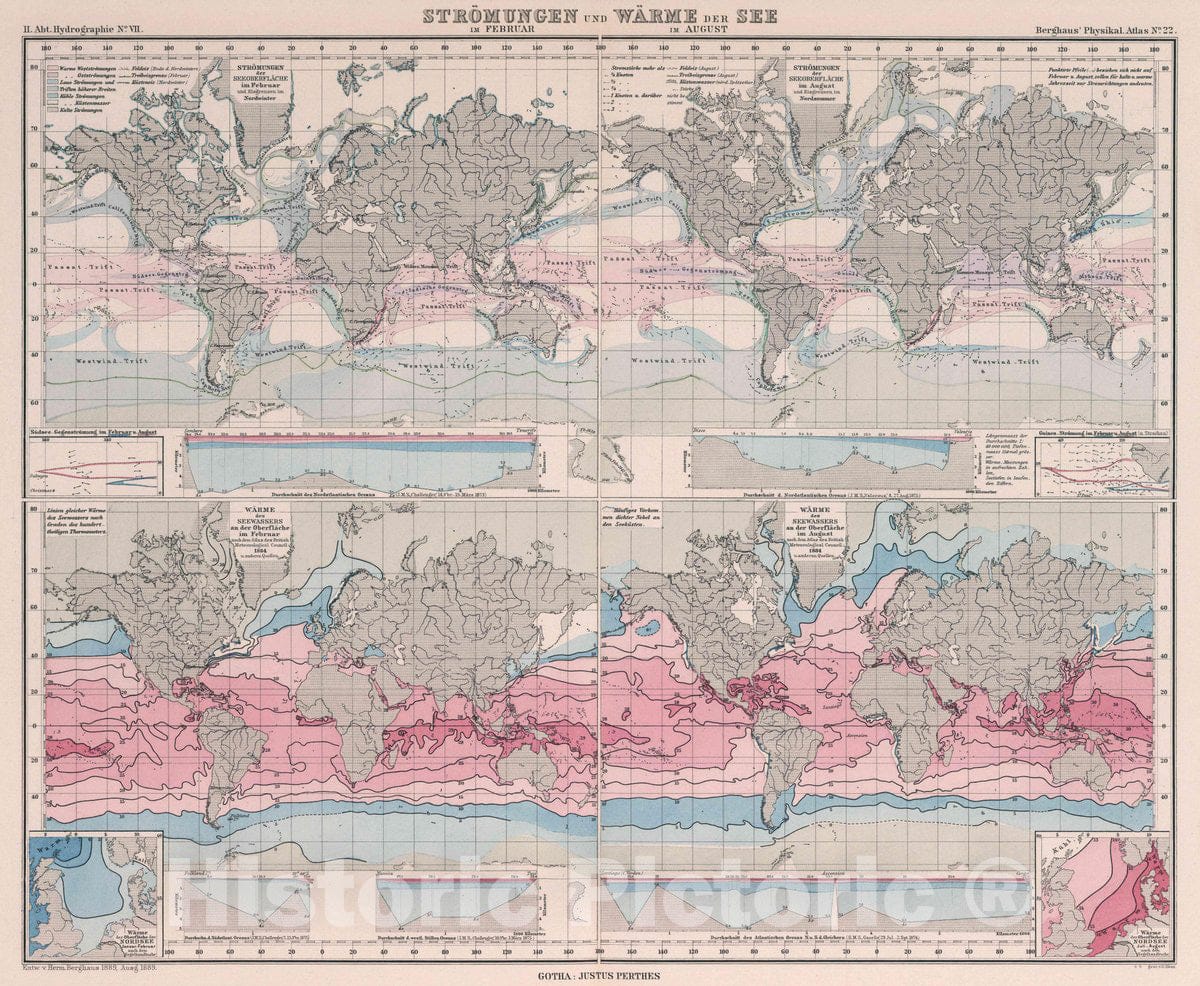 Historic Map : Stromungen, Warme der See. Im Februar und im August, 1889 Atlas - Vintage Wall Art