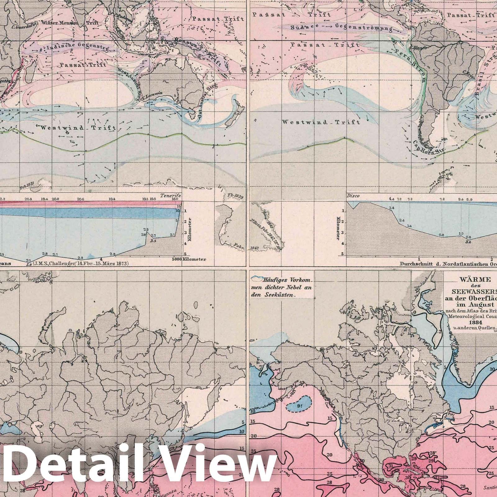Ocean Currents and Water Temperature - February and August, 1889 Historical Map Print