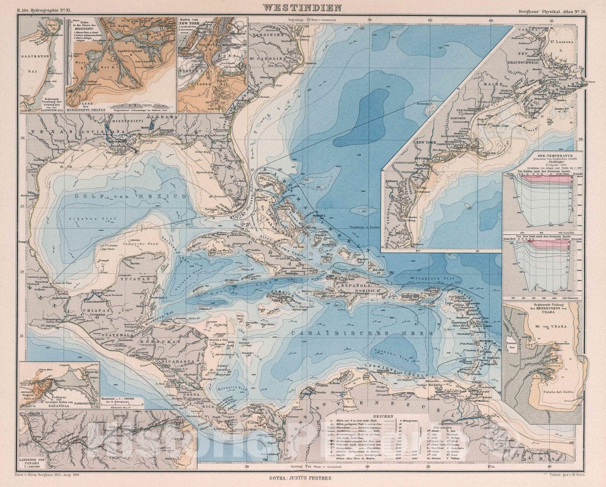 Historic Map : Westindien. Entw. v. Herm. 1883, Ausg. 1888. Tiefenl gez. v. M. Risch. Gotha: Justus Perthes, 1888 Atlas - Vintage Wall Art
