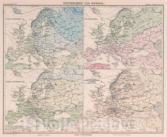 Historic Map : Isothermen von Europa. Janur - Isothermen. Juli - Isothermen. Jahres - Isothermen. H. Hildebrandsson's wanderung der isothermen im Fruhling. Entw. v, 1887Vintage Wall Art