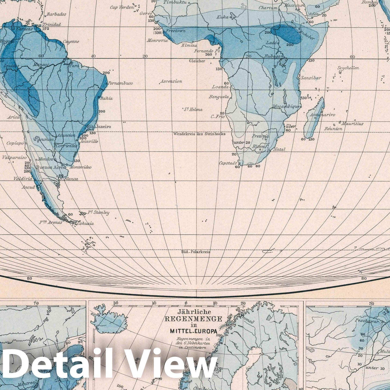 Annual Rainfall of the World - 1886 Historical Weather Map Print