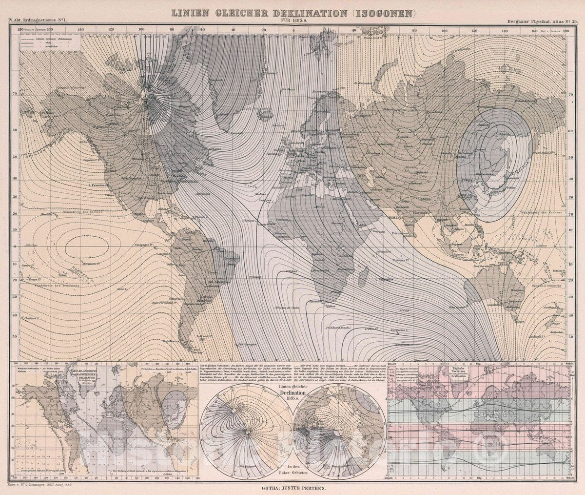 Historic Map : Linien gleicher deklination (Isogonen), 1889 Atlas - Vintage Wall Art