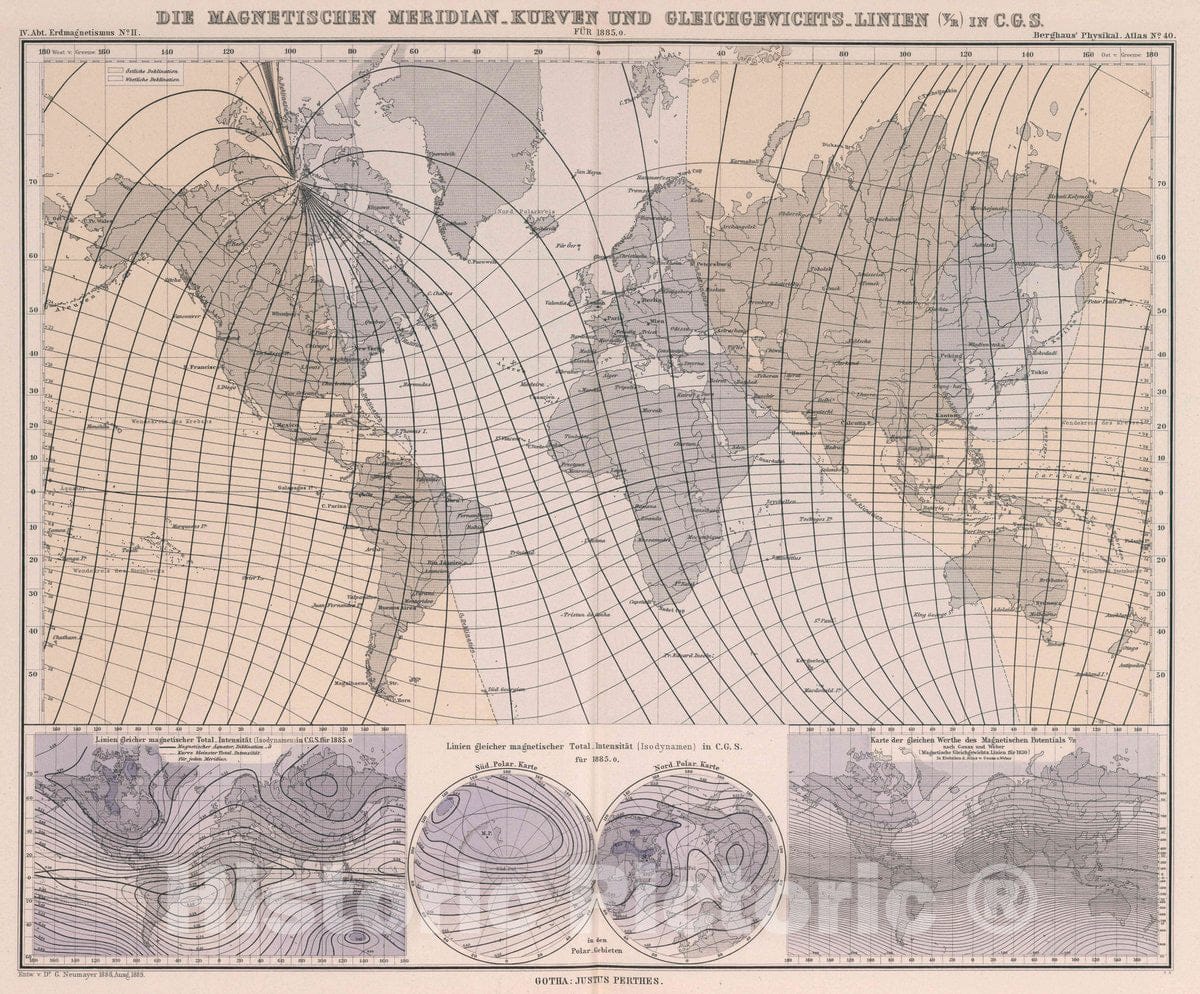 Historic Map : Die magnetischen Meridian - kurver und gleichgewichts - linien (V/R) in C.G.S, 1889 Atlas - Vintage Wall Art