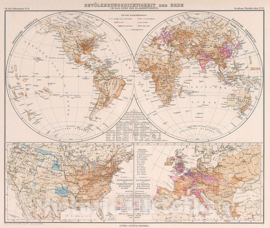 Historic Map : United States, , World Bevolkerungsdichtickeit der Erde und das ende des 19. Jahrhunderts, 1891 Atlas , Vintage Wall Art