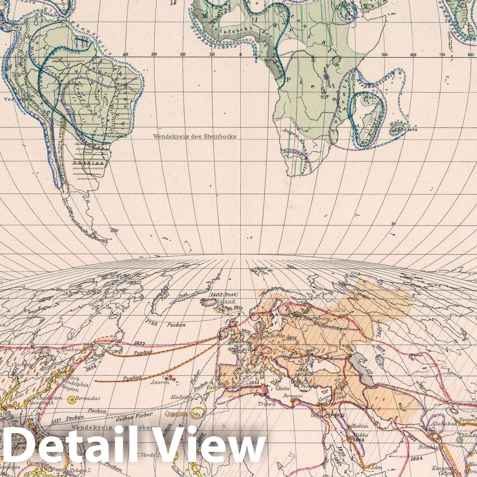 Distribution of Diseases in the World - Geologic Map, 1890 - Historical Map Print