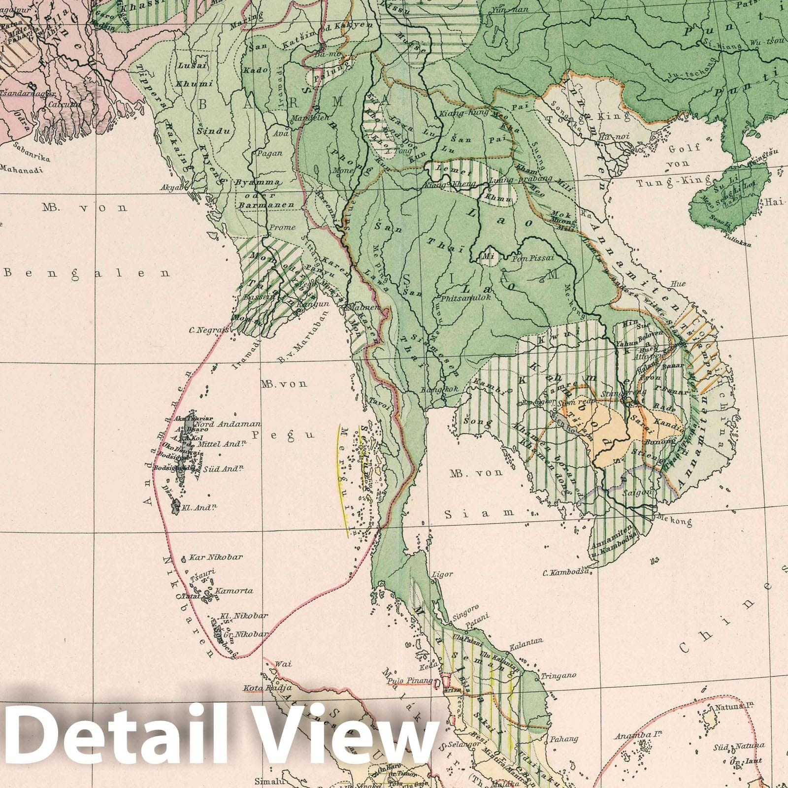 Southeast Asia Ethnic Settlements Map 1888 - Historical Map Print