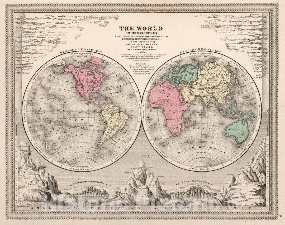 World in Hemispheres - Pictorial Map, 1874 - Historical Map Print