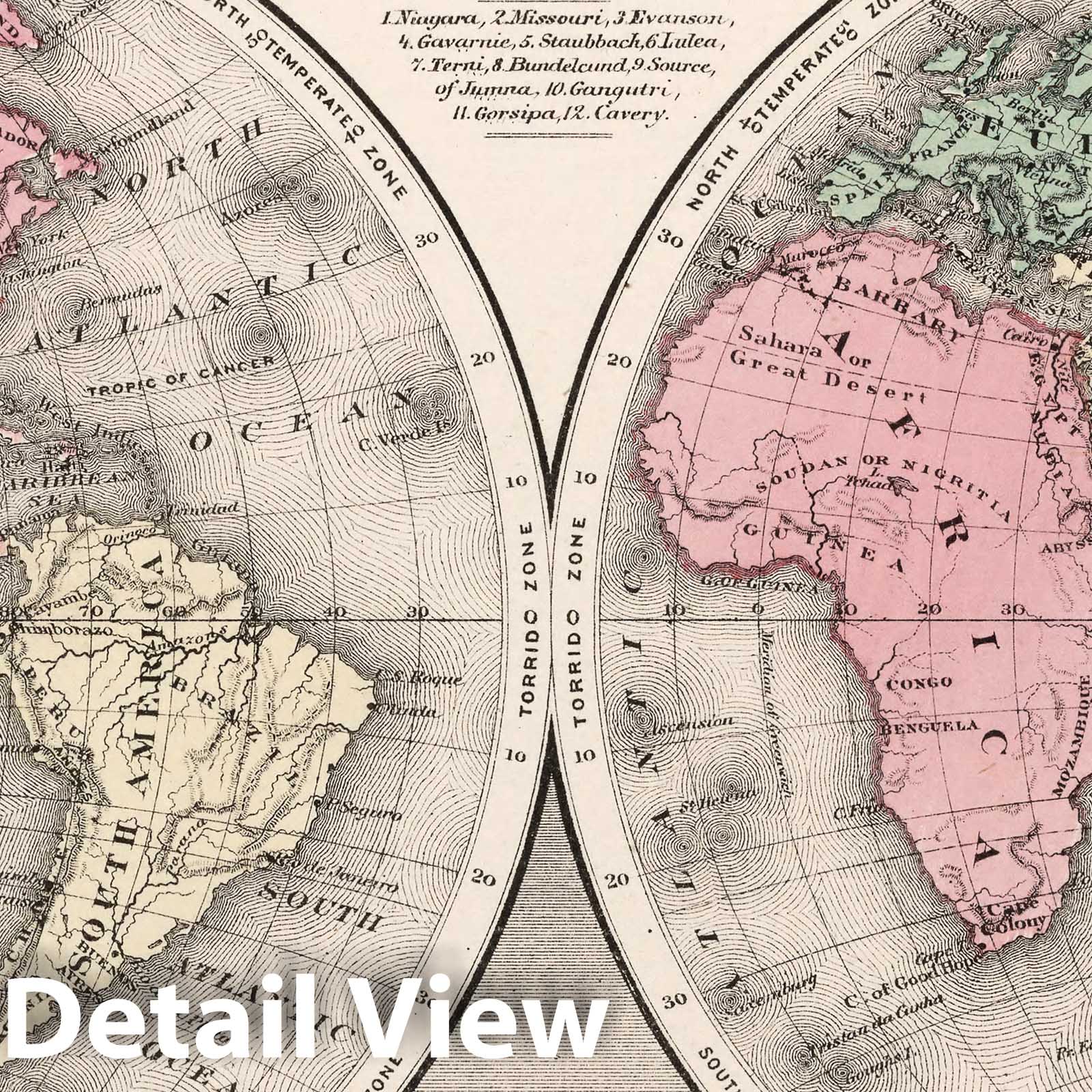 World in Hemispheres - Pictorial Map, 1874 - Historical Map Print