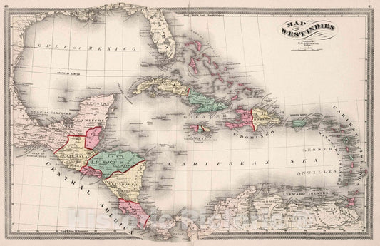 Historic Map : 1874 Map of The West Indies. Published by H. H. Lloyd & Co. New York. Lloyd's Handy Atlas - Vintage Wall Art