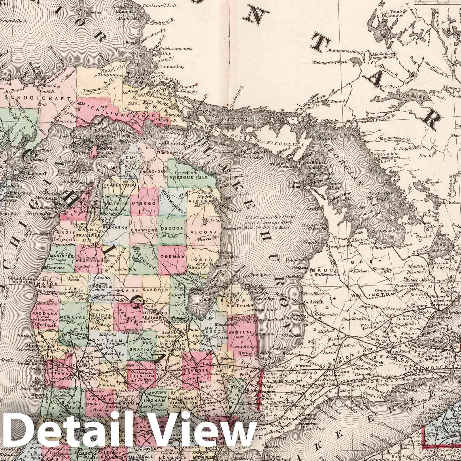 Michigan, Wisconsin, and New York - Railroad Map, 1874 - Historical Map Print