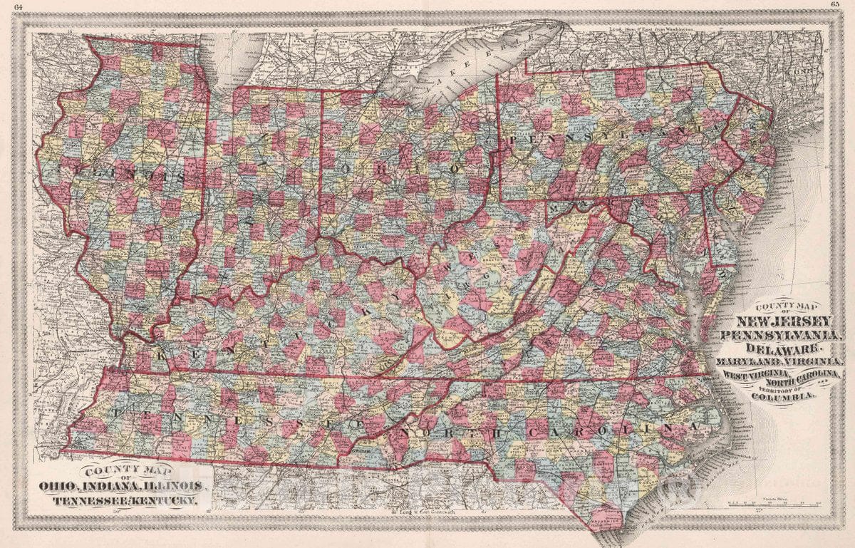 Historic Map : 1874 County map of Ohio, Indiana, Illinois,Tennessee and Kentucky - Vintage Wall Art
