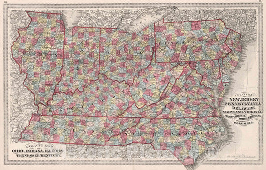Historic Map : 1874 County map of Ohio, Indiana, Illinois,Tennessee and Kentucky - Vintage Wall Art