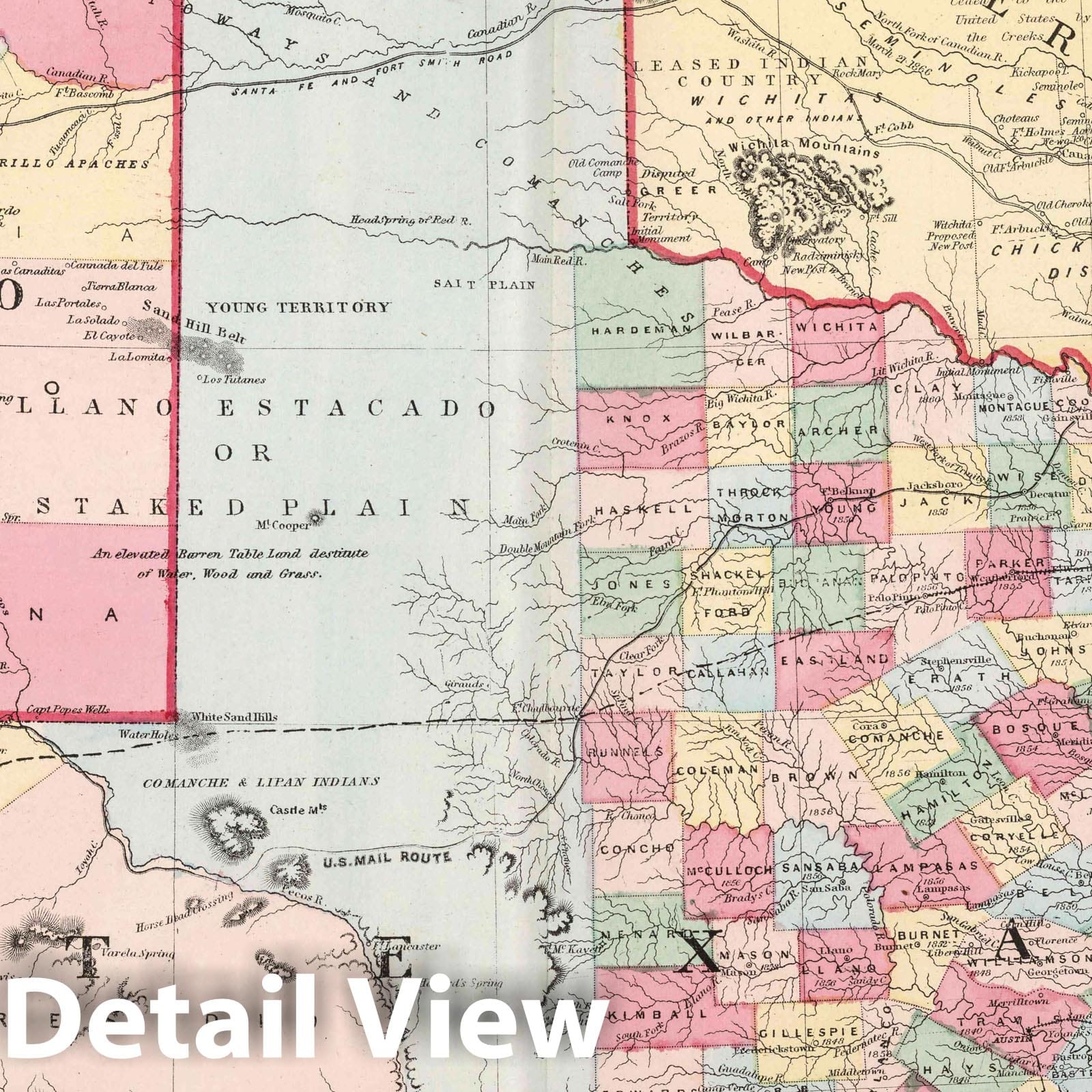 Texas, New Mexico, and Indian Territory - Railroad Map, 1874