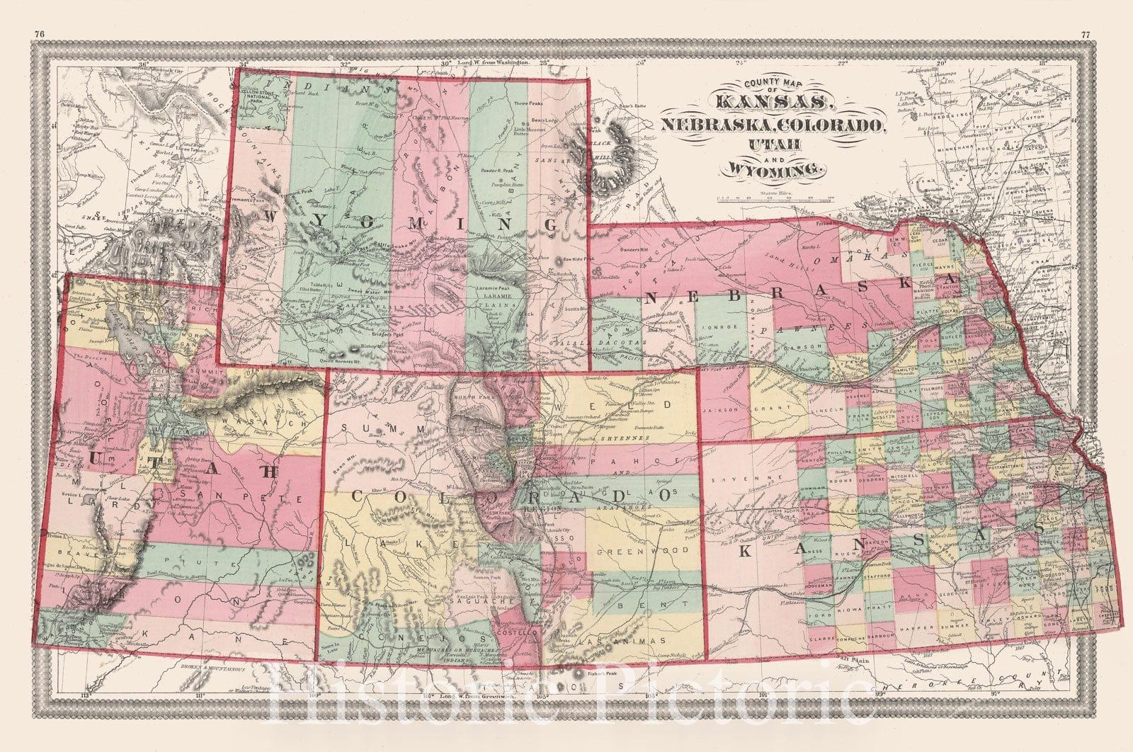 Kansas, Nebraska, Colorado, Utah and Wyoming - Railroad Map, 1874