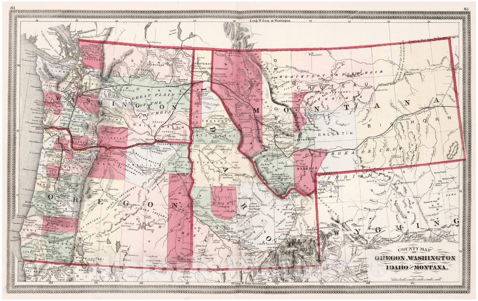 Historic Map - 1874 World Atlas - County map of Oregon, Washington, Idaho and Montana - Vintage Wall Art