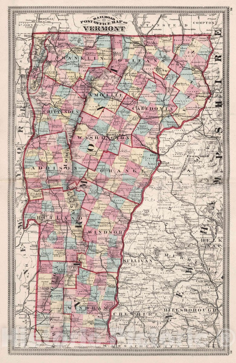 Historic Map : 1874 Railroad and Post Office map of Vermont - Vintage Wall Art