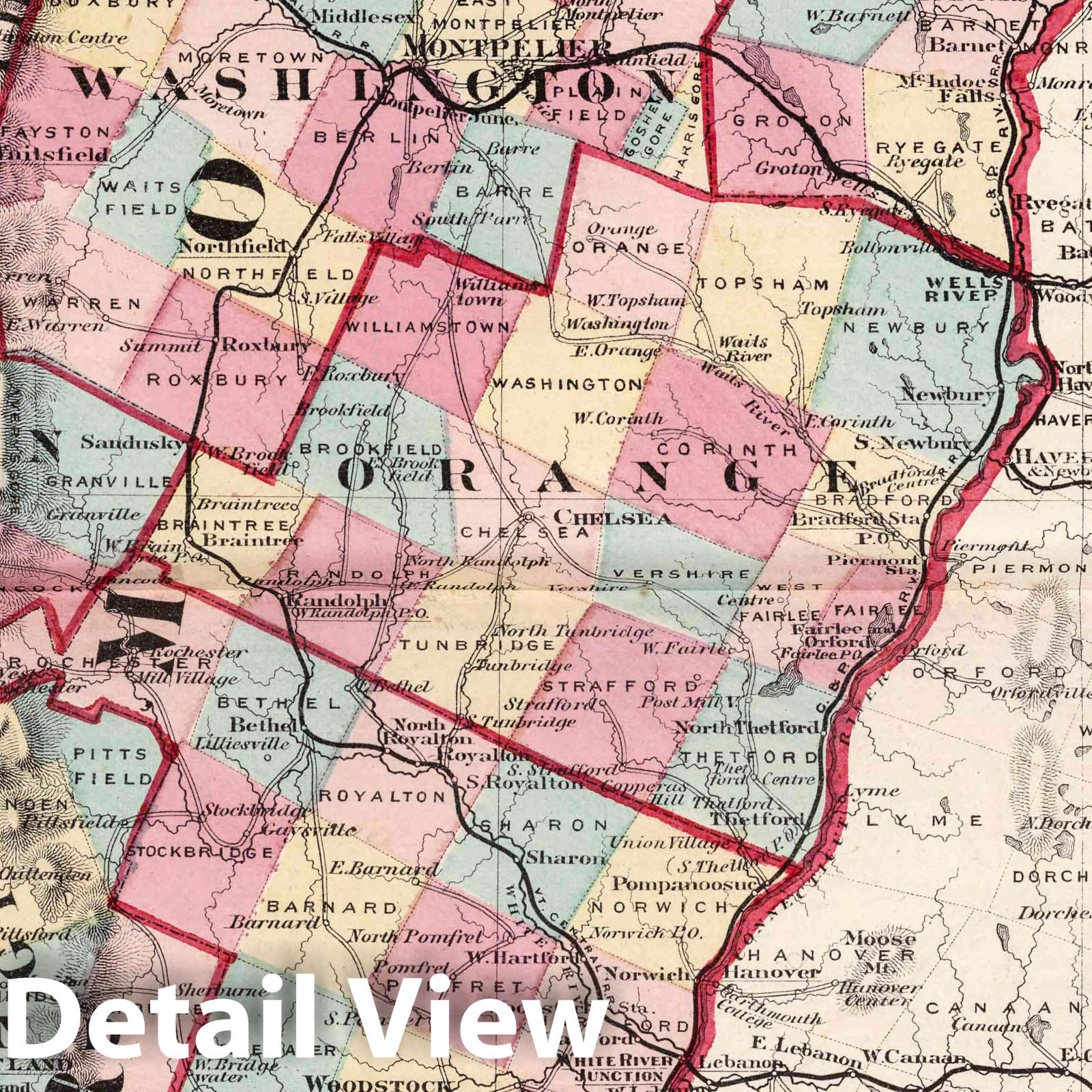 Vermont - Railroad Map, 1874 - Historical Map Print
